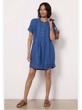 Faherty Gemina Linen Dress Pintuck Indigo Size XXS Short Sleeves Nautical Coast